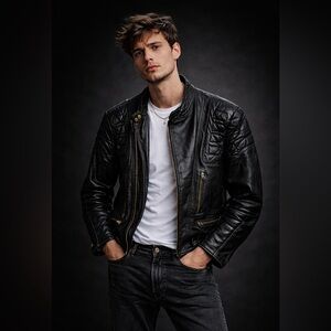 Vintage 80s Moto Leather Jacket Padded Cafe Racer Black Biker Quilted XL